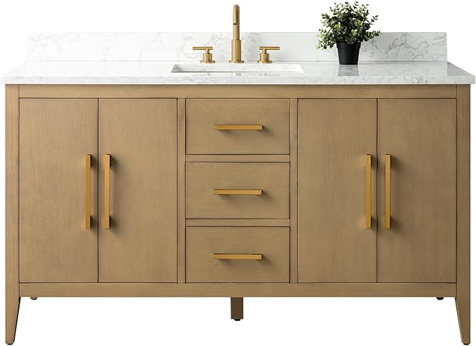 Vanity Art 60 inch Bathroom Vanity with Single Sink & Ceramic Top, Vanity Cabinet with Soft-Closing Doors, Drawers, Solid Wood Frame, Natural Oak, VA9060-SNO-GB1