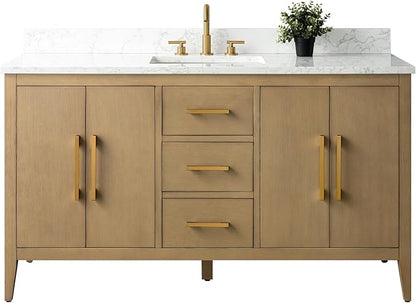 Vanity Art 60 inch Bathroom Vanity with Single Sink & Ceramic Top, Vanity Cabinet with Soft-Closing Doors, Drawers, Solid Wood Frame, Natural Oak, VA9060-SNO-GB1