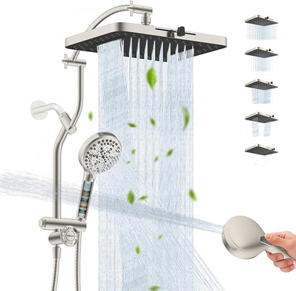 Hibbent 13'' 5 Spray Showerhead, 10 Mode Filtered Handheld, Brushed Nickel | High Pressure Rain Showerhead, 4-way Diverter, Upgraded Heightened All Metal Extension Arm, 71'' Hose & Holder, Easy Reach