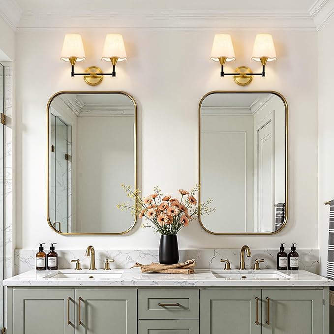 Black Gold Bathroom Light Fixtures: Farmhouse Bathroom Vanity Lights over Mirror with Flared Fabric Shade, Vanity Lighting Fixtures, 2 Light Wall Sconces Lighting for Bedroom Hallway Living Room