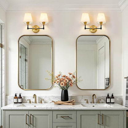 Black Gold Bathroom Light Fixtures: Farmhouse Bathroom Vanity Lights over Mirror with Flared Fabric Shade, Vanity Lighting Fixtures, 2 Light Wall Sconces Lighting for Bedroom Hallway Living Room