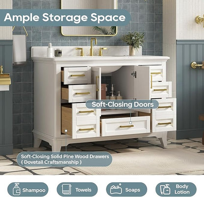 48 Inch Bathroom Vanity with Sink, Farmhouse Bathroom Vanity Set with Quartz Countertop, Painted Bathroom Storage Cabinet with Soft Closing Doors & Dovetail Pine Drawers, White
