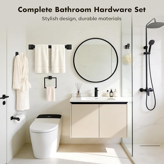 10-Pieces Matte Black Bathroom Accessories Set, 24 Inch Bath Towel Bar Set | Stainless Steel, Towel Ring, Toilet Paper Holder, Robe Hooks, Towel Racks for Bathroom Wall Mounted, Bathroom Hardware Set