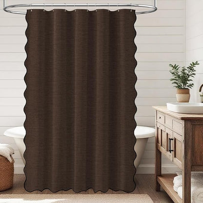BTTN 60x72 Boho Scalloped Linen Textured Cloth Shower Curtain Set, Brown | Narrow Size, 230GSM Waterproof Polyester, Heavy Duty Fabric, 10 Plastic Hooks, Chic Modern Farmhouse Style, Machine Washable