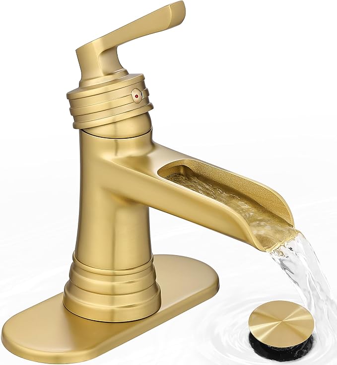 Brushed Gold Bathroom Faucets One Hole, Brass Waterfall Bathroom Sink Faucet 3 Hole 4 Inch With Pop-up Drain, Deck Plate, Pre-Installed cUPC Hose for Farmhouse, Lavatory, 5 Mins Quick Install