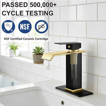 Midanya Waterfall Bathroom Sink Faucet 1 Hole,Matte Black and Shiny Gold | with cUPC Hoses,Pop Up Drain,Deck Plate,for 1 or 3 hole sink,Vanity,RV,Lavatory,Basin,Farmhouse,Stainless Steel,Single Handle