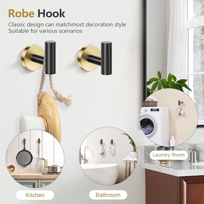 TQKAG 5 Piece Black and Gold Bathroom Accessories, Towel Racks for Bathroom | 23.6" Bathroom Hardware Set, SUS304 Stainless Steel, Double Post Pivoting, Towel Hooks, Toilet Paper Holder Set Wall Mounted