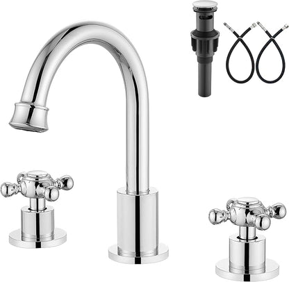 3 Hole Bathroom Sink Faucet Widespread Metal Label Polish Chrome | High-Arc Swivel Spout,Pop Up Drain,Cross Handle,cUPC Hose,for 6-16″Centerset Basin,Farmhouse,RV,Vanity,Lavatory 8" Mixer Tap