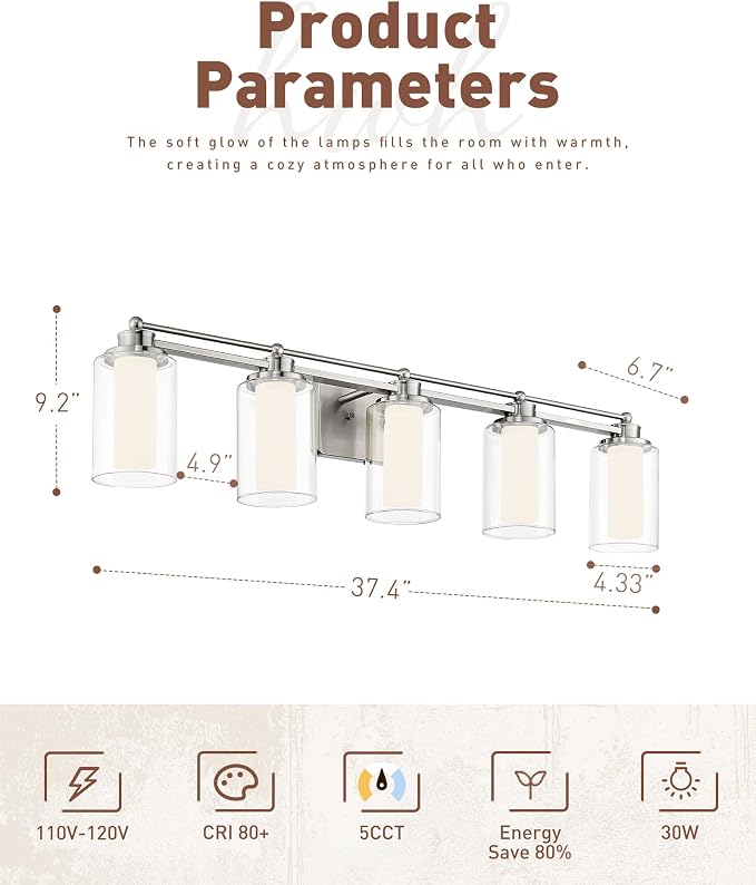 HWH 5-Light Bathroom Vanity Light, Brushed Nickel, 5CCT, 5HLT63B-5W-LED BN | Dimmable, Wall Mount, 30W, Vanity Lights, Vanity Light Over Mirror, Selectable 5CCT Lighting, Durable Metal Construction