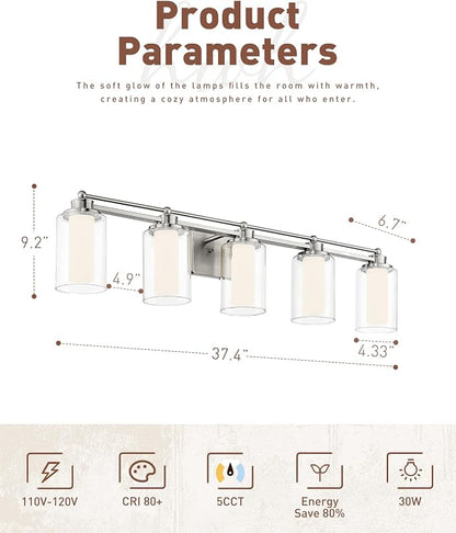 HWH 5-Light Bathroom Vanity Light, Brushed Nickel, 5CCT, 5HLT63B-5W-LED BN | Dimmable, Wall Mount, 30W, Vanity Lights, Vanity Light Over Mirror, Selectable 5CCT Lighting, Durable Metal Construction