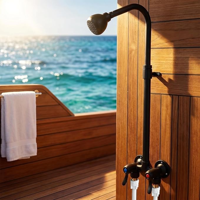 Outdoor Shower Kit Dual Handle Extendable Exposed Pipe Outdoor Shower Fixtures System with ABS Showerhead Solid Brass 4 Inch Center Mix Valve Matte Black