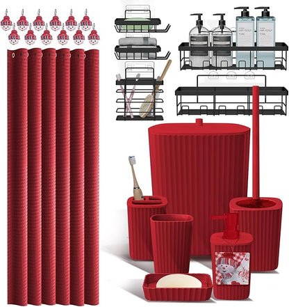 Clara Clark Bathroom Set - Christmas Bathroom Accessories Set, 24PC Bathroom Accessory Set, Christmas Bathroom Sets with Adhesive Corner Shower Caddy Hanging, Toilet Brush, Trash Can & Soap Dispenser | 25 Piece Complete Xmas Shower Curtain Set with Too...