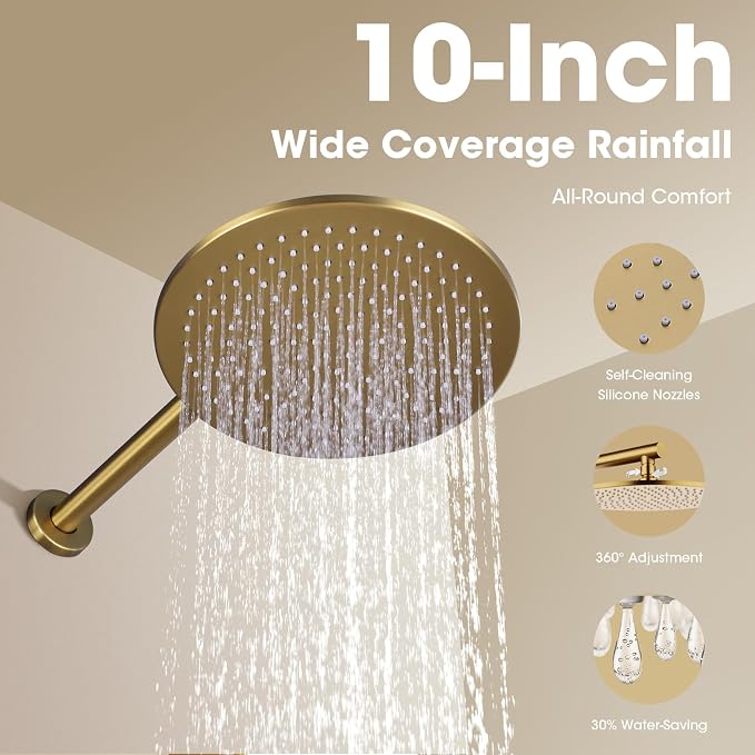 TRUSTMI 10" Push Button Rain Shower, Pressure Balanced Valve, Brushed Gold | Solid brass wall mount kit with handheld sprayer. cUPC anti-scald valve protects the whole family.