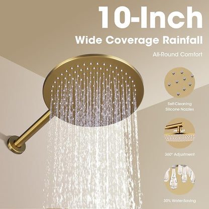 TRUSTMI 10" Push Button Rain Shower, Pressure Balanced Valve, Brushed Gold | Solid brass wall mount kit with handheld sprayer. cUPC anti-scald valve protects the whole family.