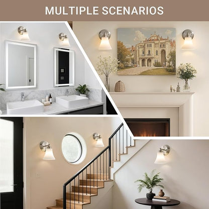 LOUSACE 2 Pack 1-Light Brushed Nickel Bathroom Lighting Fixtures Vintage Bathroom Vanity Lights with Opal White Glass, Set of 2 Single Vanity Wall Sconces for Side Mirror Cabinet Stairs Living Room