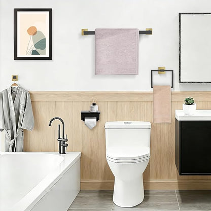 TURS Bathroom Hardware Set Black and Gold 4-Piece Towel Bar Set Include 24 Inch Towel Bar Towel Ring Towel Hook Toilet Paper Holder with Shelf Wall Mounted.