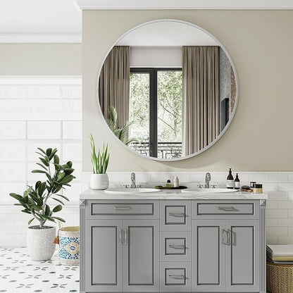 Large Silver Round Bathroom Mirror 42" with Thin Metal Frame | Circle Wall Mounted Mirror Hanging or Leaning Decor for Hallway, Entryway, Fireplace Mantel, Living Room