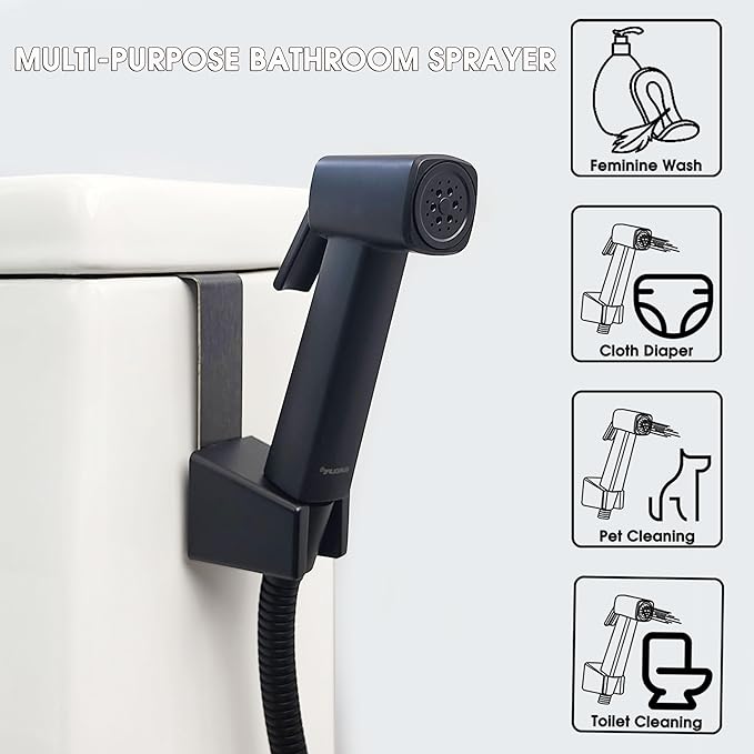 Handheld Bidet Sprayer for Toilet, Lockable Push Button, High Pressure Bathroom Sprayer, Cloth Diaper & Personal Hygiene Sprayer, Tank Mount No-Drill Install, Stainless Hose Set, Black Color