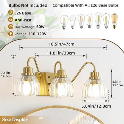 3-Light Bathroom Vanity Light, Gold Vanity Light, Antique Brass Sconces with Tulip Glass Shade, Mid Century Hardwired Wall Sconces for Bedroom, Living Room, Hallway