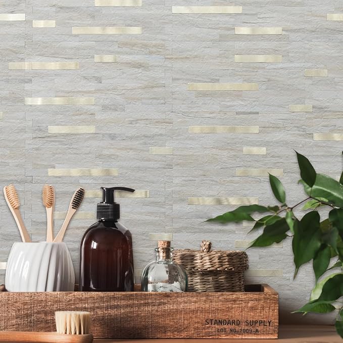 AULIGET 2 Sheets Faux Stone Peel and Stick Backsplash, Beige Marble Look PVC Wall Tile Stick on Backsplash for Kitchen and Bathroom