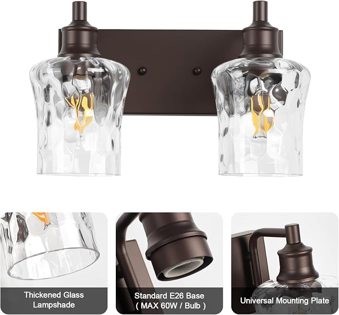 Bathroom Light Fixtures Farmhouse Oil Rubbed Bronze Vanity Lights for Bathroom Lighting Fixtures Over Mirror with Hammered Glass Lampshade for Cabinet Mirror Bedroom Hallway 2 Light