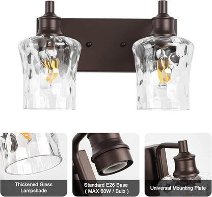 Bathroom Light Fixtures Farmhouse Oil Rubbed Bronze Vanity Lights for Bathroom Lighting Fixtures Over Mirror with Hammered Glass Lampshade for Cabinet Mirror Bedroom Hallway 2 Light