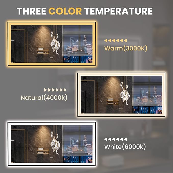 LOAAO 72"X36" LED Bathroom Mirror Black Framed | Anti-Fog, Dimmable, Memory Function, Tempered Glass, Lighted Vanity Mirror for Wall