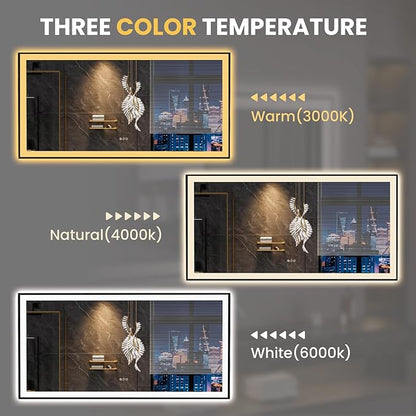 LOAAO 72"X36" LED Bathroom Mirror Black Framed | Anti-Fog, Dimmable, Memory Function, Tempered Glass, Lighted Vanity Mirror for Wall