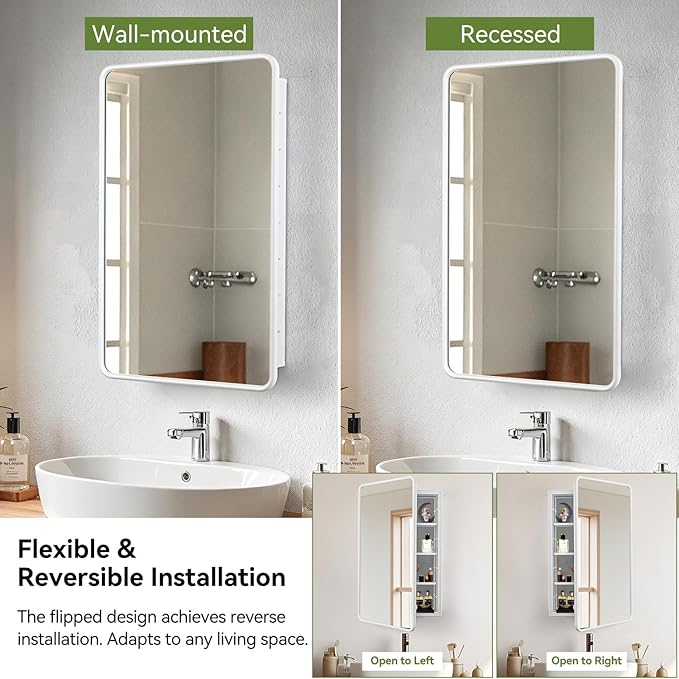 17 x 27 White Bathroom Medicine Cabinet with Mirror Metal Frame Recessed Or Wall Mounted Single Door Storage Medicine Cabinets with Adjustable Shelves Rounded Corner Beveled Mirrors