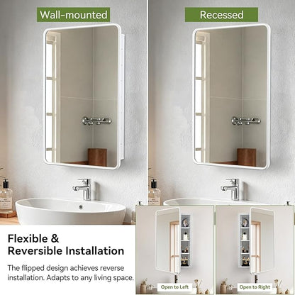 17 x 27 White Bathroom Medicine Cabinet with Mirror Metal Frame Recessed Or Wall Mounted Single Door Storage Medicine Cabinets with Adjustable Shelves Rounded Corner Beveled Mirrors