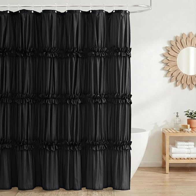 LIPA Boho Rustic Black Ruffle Shower Curtain 72x72 Inches | Farmhouse Shower Curtains for Bathroom,Water‑Resistant Fabric Shower Curtain,Bohemian Bathroom Decor