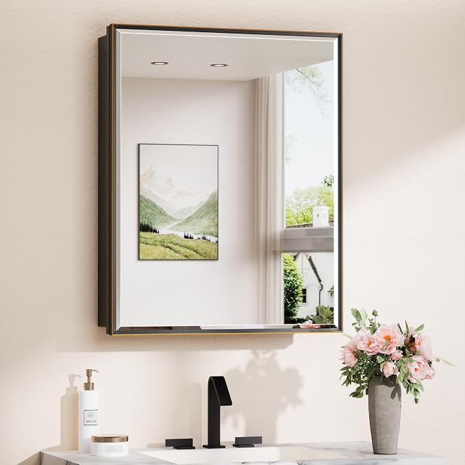 TokeShimi 24 x 30 Recessed Medicine Cabinet, Oil Rubbed Bronze Bathroom Medicine Cabinet with Mirror, Stepless Adjustable Shelves, Beveled Aluminum Frame, DTC Hinge