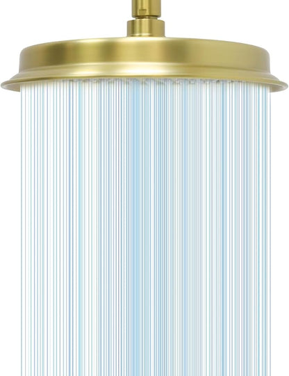 Single Round Rain Shower Head, 9 inches High-Pressure Rainfall Showerhead with Silicone Nozzle, Modern Bathroom Vintage Shower Overhead Heads (Brushed Gold, Stainless Steel Thickness)