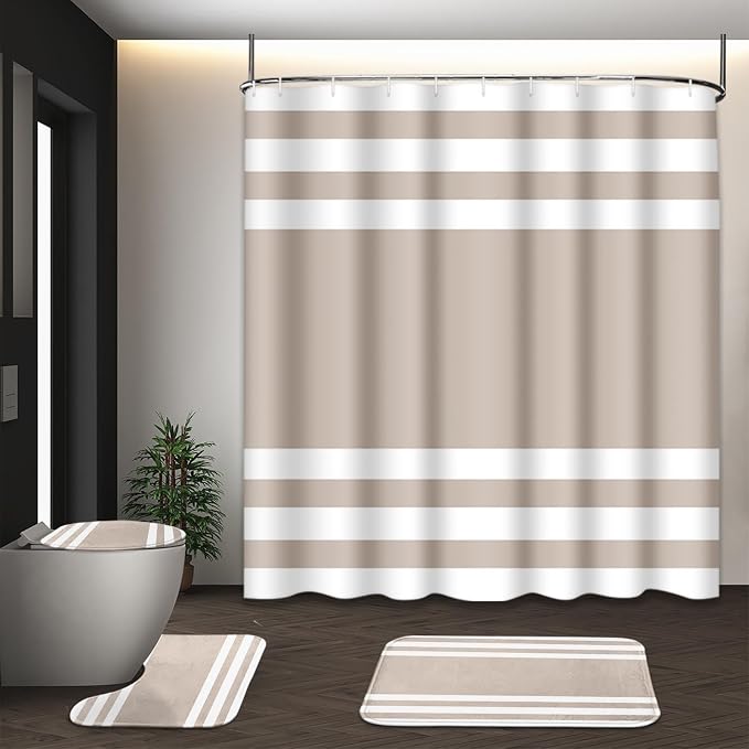 Bathroom Sets with Shower Curtain and Rugs, 4 Pcs, Striped | Minimalist Modern Neutral Beige Bathroom Decor Set with Toilet Lid Cover, Non-Slip Bath Mats and Accessories 12 Hooks
