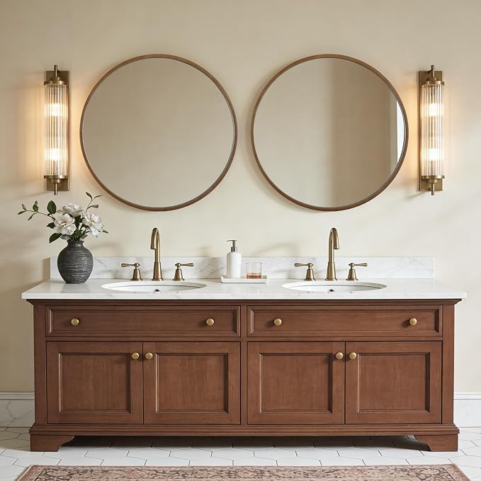 Round Wood Mirror, 32" Round Modern Decoration Large Circle Wall Mirror for Bathroom Living Room Bedroom Entryway, Walnut