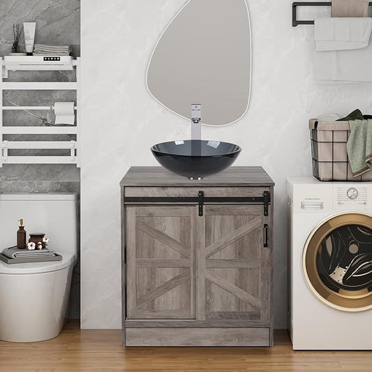 30" Barn Door Bathroom Vanity, Farmhouse Style Standing Pedestal Cabinet with Bluish Gray Glass Vessel Sink