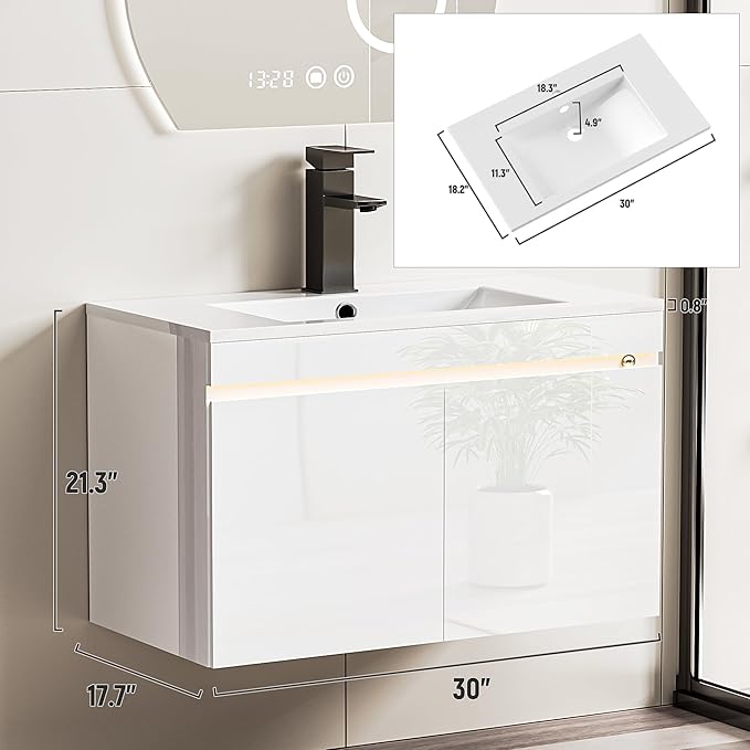 Spurgehom 30 inch Bathroom Vanity with Sink and Faucet, Floating Vanity Bathroom Cabinet with Lights, Modern Wall Mounted Storage Cabinet with Soft-Close System, White