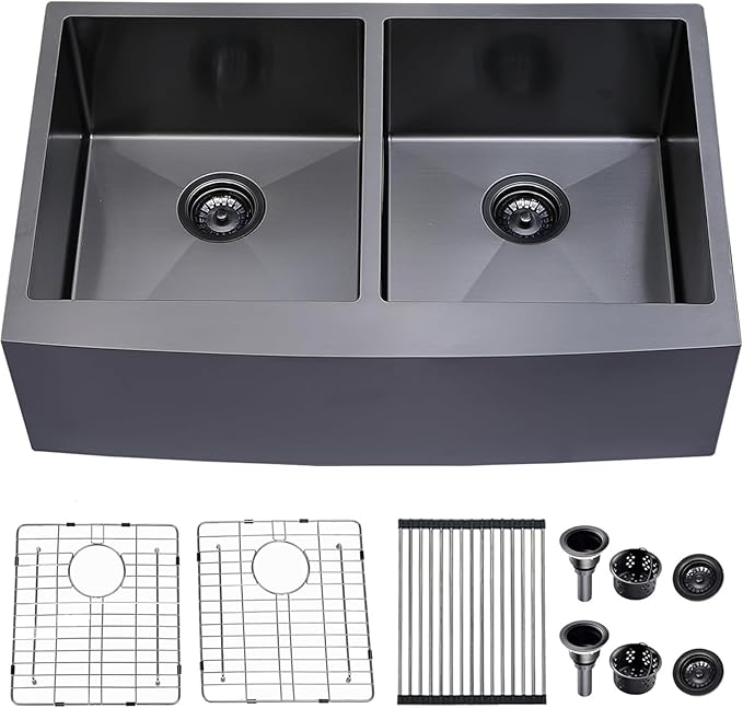 33 Inch Black Double Bowl Divided 50/50 Farmhouse Sink, 33x21 Gunmetal Black Stainless Steel Undermount Apron Front Farm Kitchen Sink