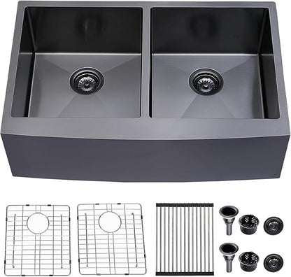 33 Inch Black Double Bowl Divided 50/50 Farmhouse Sink, 33x21 Gunmetal Black Stainless Steel Undermount Apron Front Farm Kitchen Sink