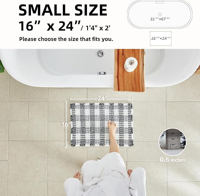 TYUU Waffle Bath Mat, Small Boho Bathroom Rugs Non Slip 24x16 Black & White | Super Absorbent Quick Dry Bath Rug, Non-Slip Backing, Soft Waffle Washable Farmhouse Bathroom Mats, Tub, Shower & Home Decor