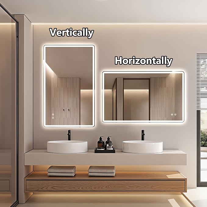 Niccy Rectangle LED Bathroom Mirrors, Vanity Mirror with Lights, 24"x36" | Frameless Lighted Mirror for Bedroom Living Room, 3 Colors & Stepless Dimmable Anti-Fog Memory Function, Horizontal/Vertical