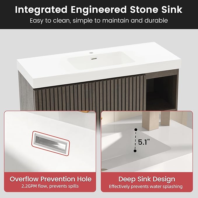 48" Bathroom Vanity with Sink, Freestanding Single Sink Bathroom Vanity with White Engineered Stone Top & Open Side Storage, Soft-Closing Doors with Adjustable Shelf, Smoked Oak Brown