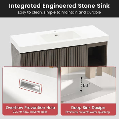 48" Bathroom Vanity with Sink, Freestanding Single Sink Bathroom Vanity with White Engineered Stone Top & Open Side Storage, Soft-Closing Doors with Adjustable Shelf, Smoked Oak Brown