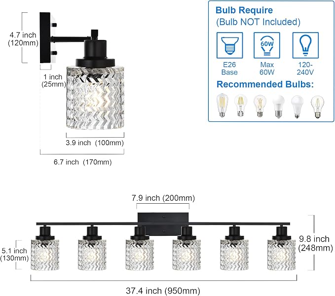 MELUCEE 6 Lights Bathroom Lighting Fixtures Over Mirror Black | Vanity Light with Hammered Glass Shade Indoor Wall Mounted Lamp for Bathroom Bedroom Kitchen