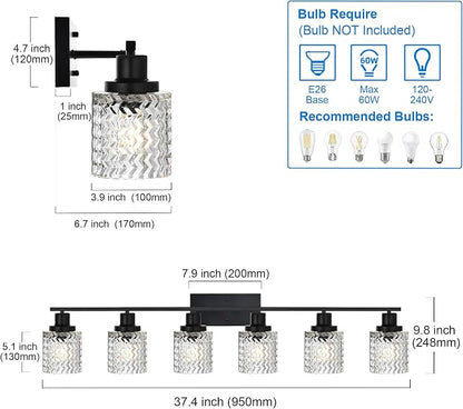 MELUCEE 6 Lights Bathroom Lighting Fixtures Over Mirror Black | Vanity Light with Hammered Glass Shade Indoor Wall Mounted Lamp for Bathroom Bedroom Kitchen