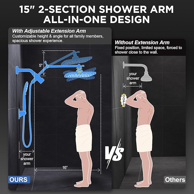 Veken Gunmetal Gray 11.8" High Pressure Shower Head with Handheld, Durable | Handheld Shower with Multi Spray Modes, Rainfall Combo with 15" Metal Extension Arm, Detachable Dual Shower, Bathroom Decor