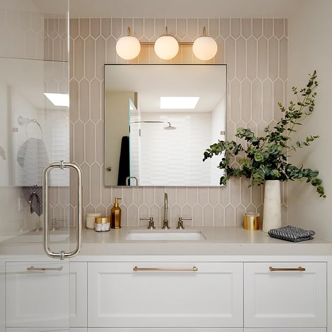 Bathroom Vanity Light, 22.6-Inch Modern Dimmable 3-Light Bathroom Light Fixture Over Mirror, Brass Finish with Frosted Glass Globe Wall Sconce
