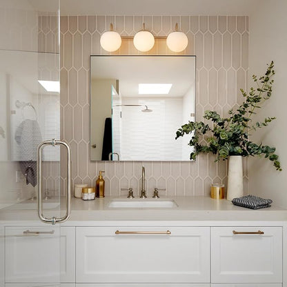 Bathroom Vanity Light, 22.6-Inch Modern Dimmable 3-Light Bathroom Light Fixture Over Mirror, Brass Finish with Frosted Glass Globe Wall Sconce