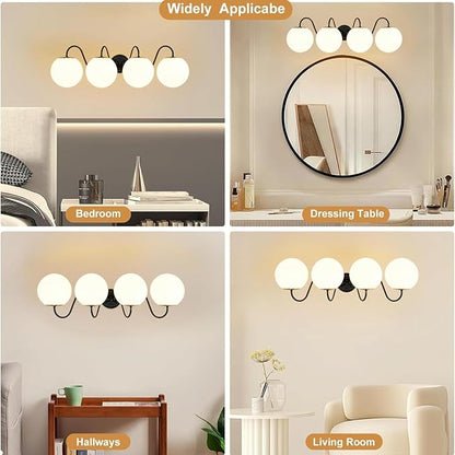 4 Lights Vintage Bathroom Vanity Light Fixtures Over Mirror, Matte Black Vanity Lights For Bathroom With Milk White Glass Globe Shade, Wall Lights For Bedroom, Hallway, Dressing Table(Includ G9 Bulbs)
