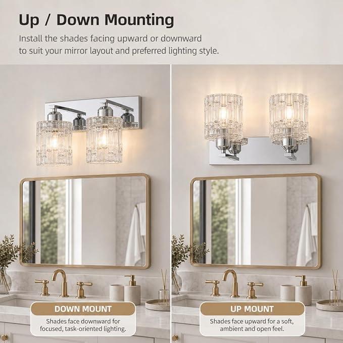 Chrome 2-Light Crystal Bathroom Vanity Light Fixture Over Mirror, Modern Bathroom Wall Light for Living Room, Bedroom, Hallway